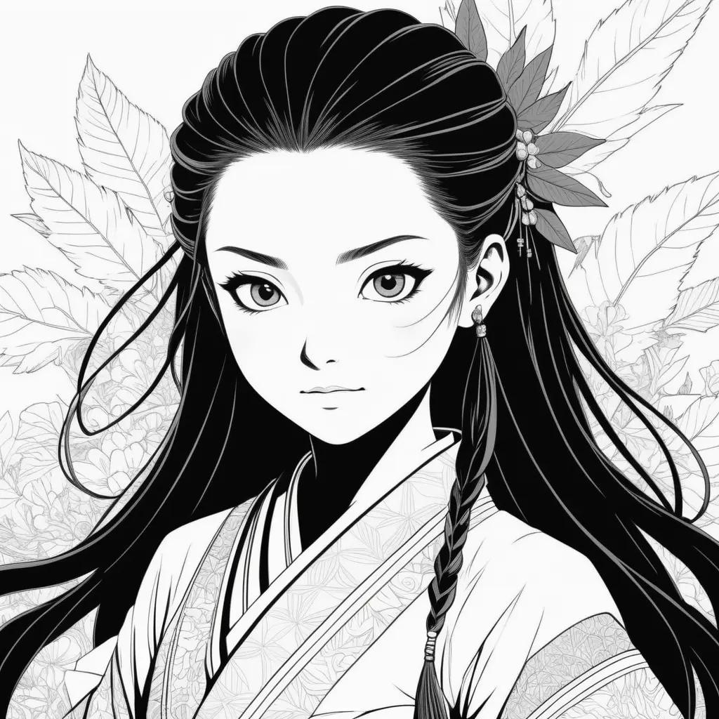 色とりどりの葉を持つアニメの女の子の黒と白のアート