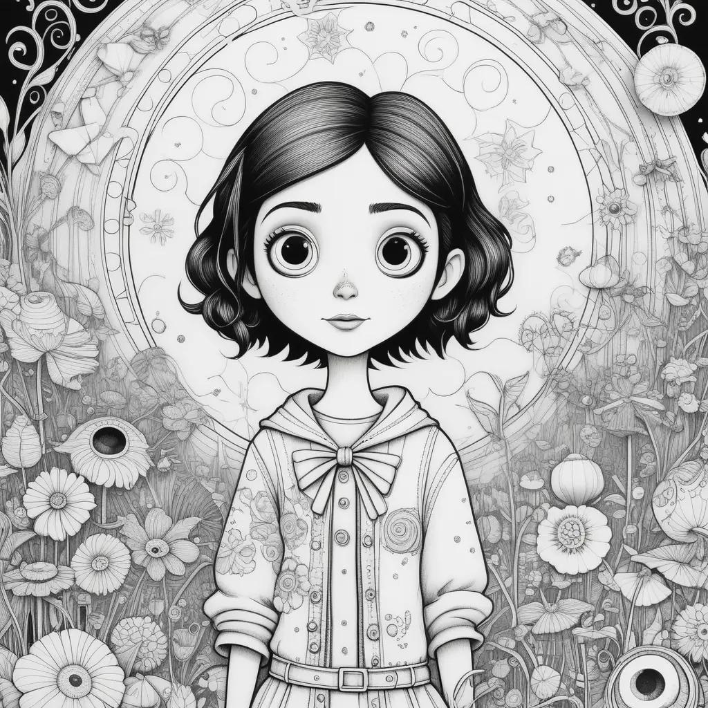 Black and white art of coraline