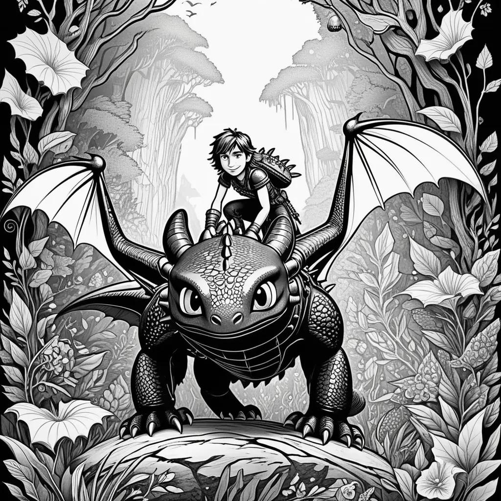 森の中のドラゴンと少女の黒と白のアート