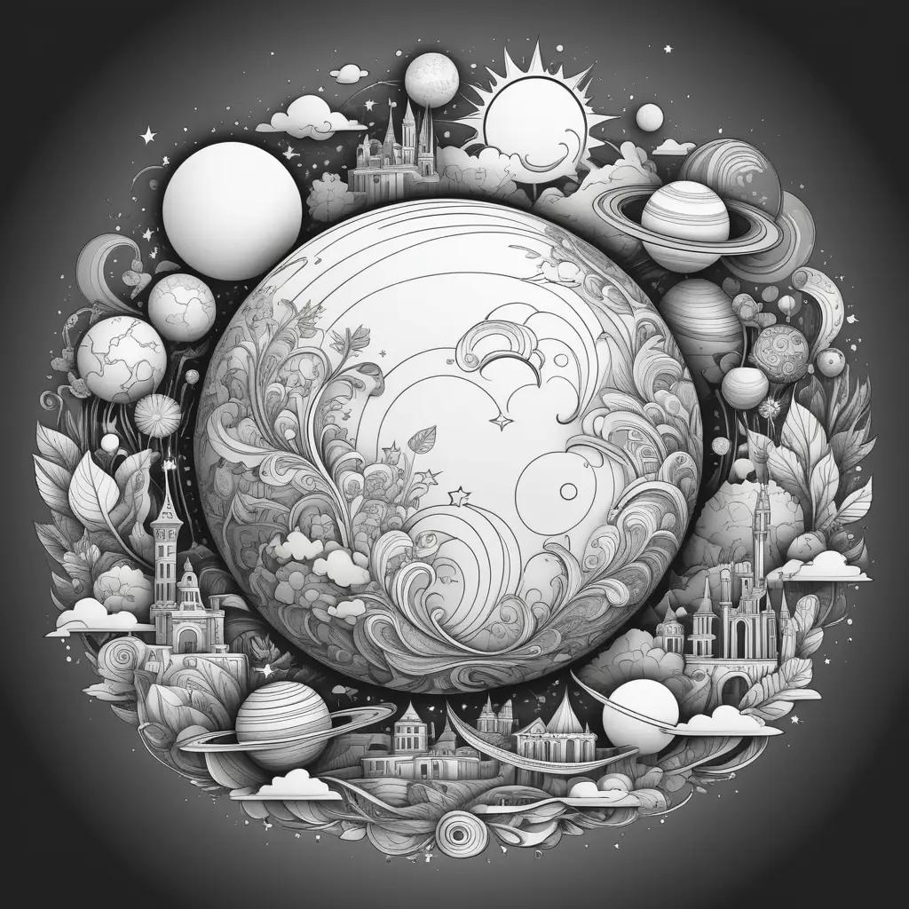 Black and white art of planets and stars on a globe