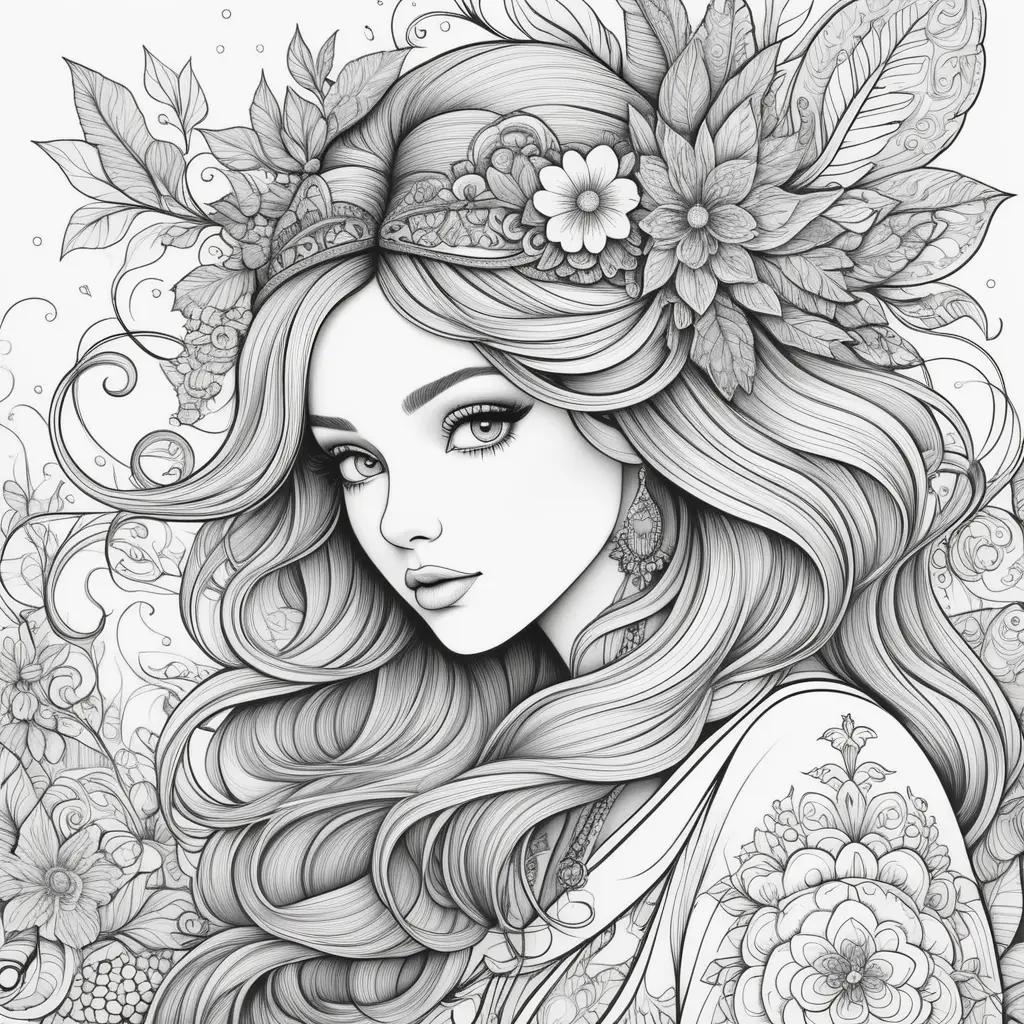 Black and white art of woman with flower crown