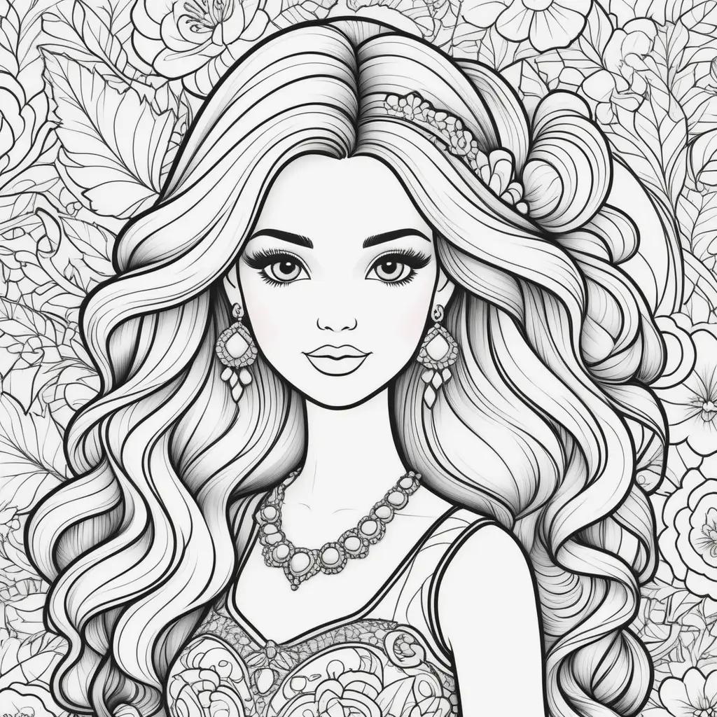 Black and white barbie coloring page with flowers