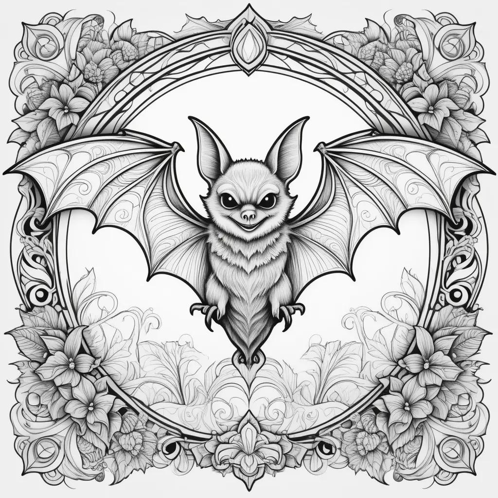 Black and white bat coloring page with flower frame