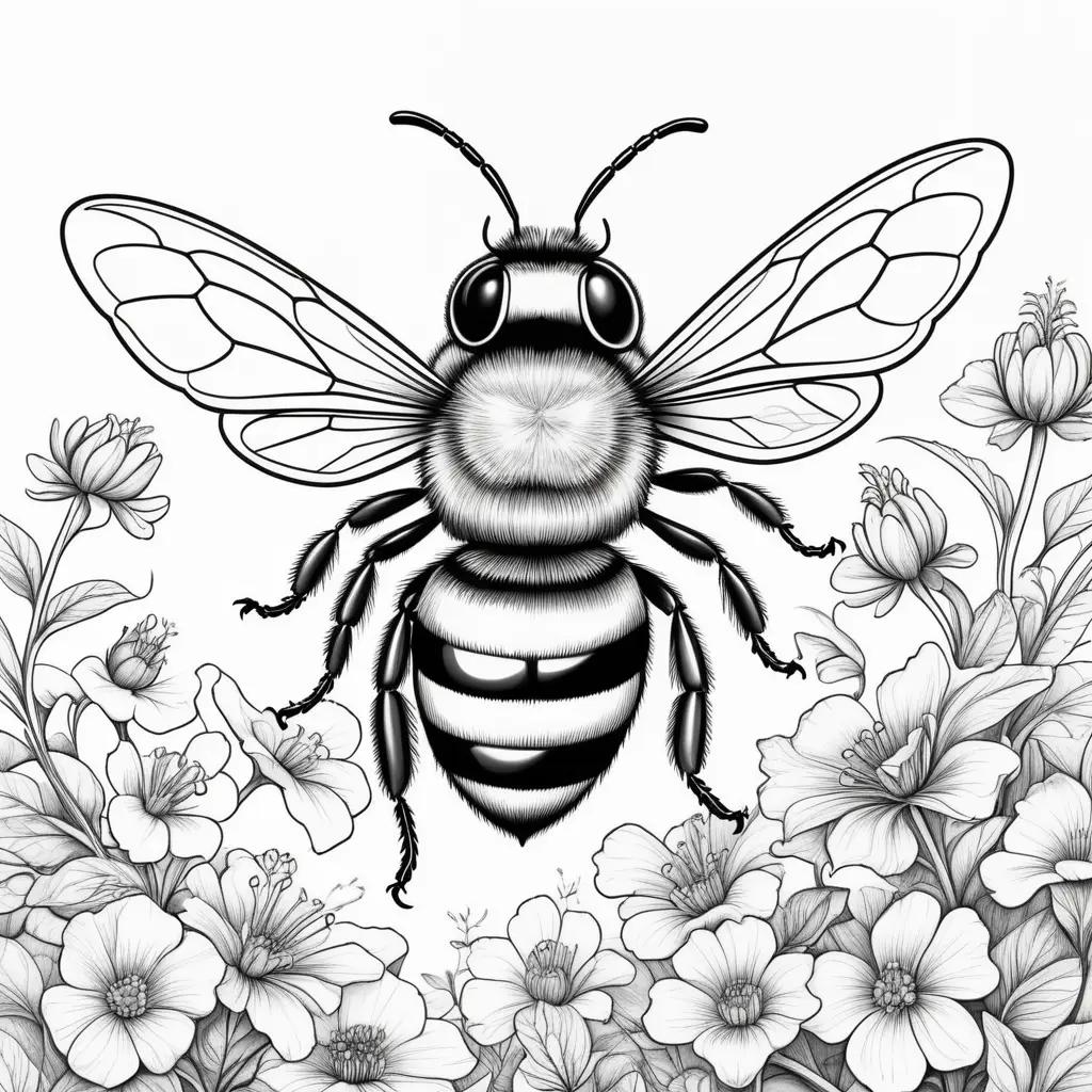 Black and white bee coloring page with flowers