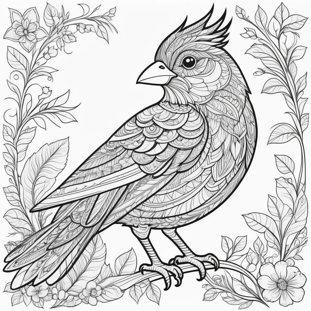 Black and white bird coloring page with floral background