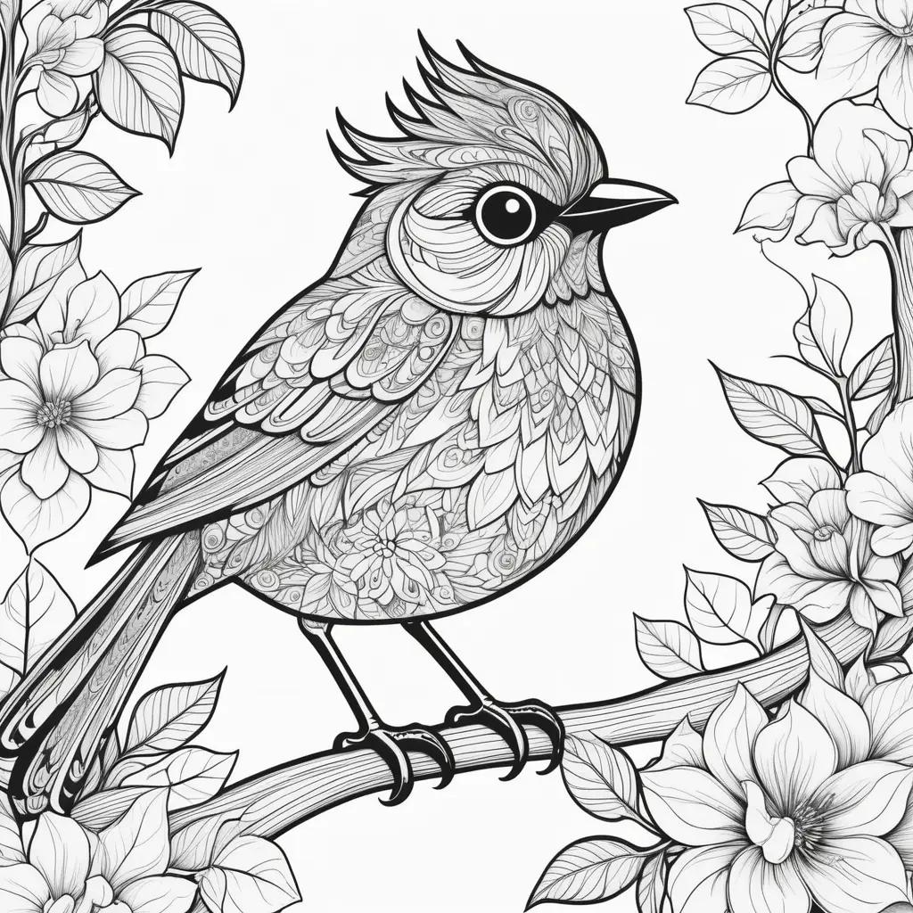 Black and white bird coloring page with flowers