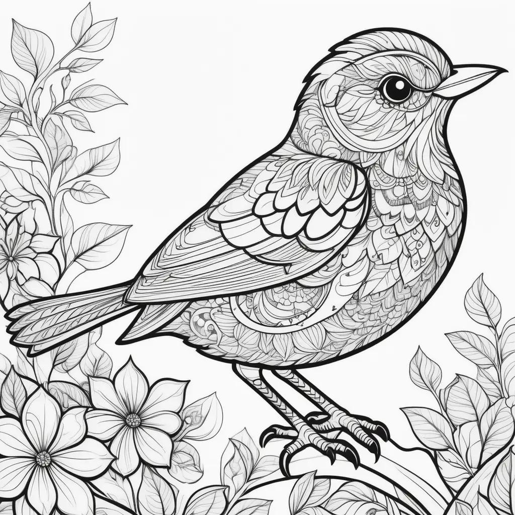 Black and white bird coloring page with intricate design