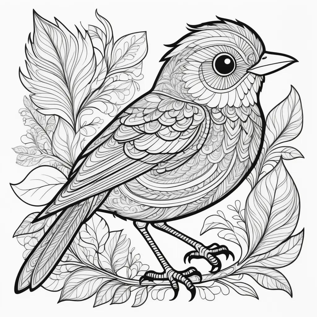 Black and white bird coloring page with leafy background