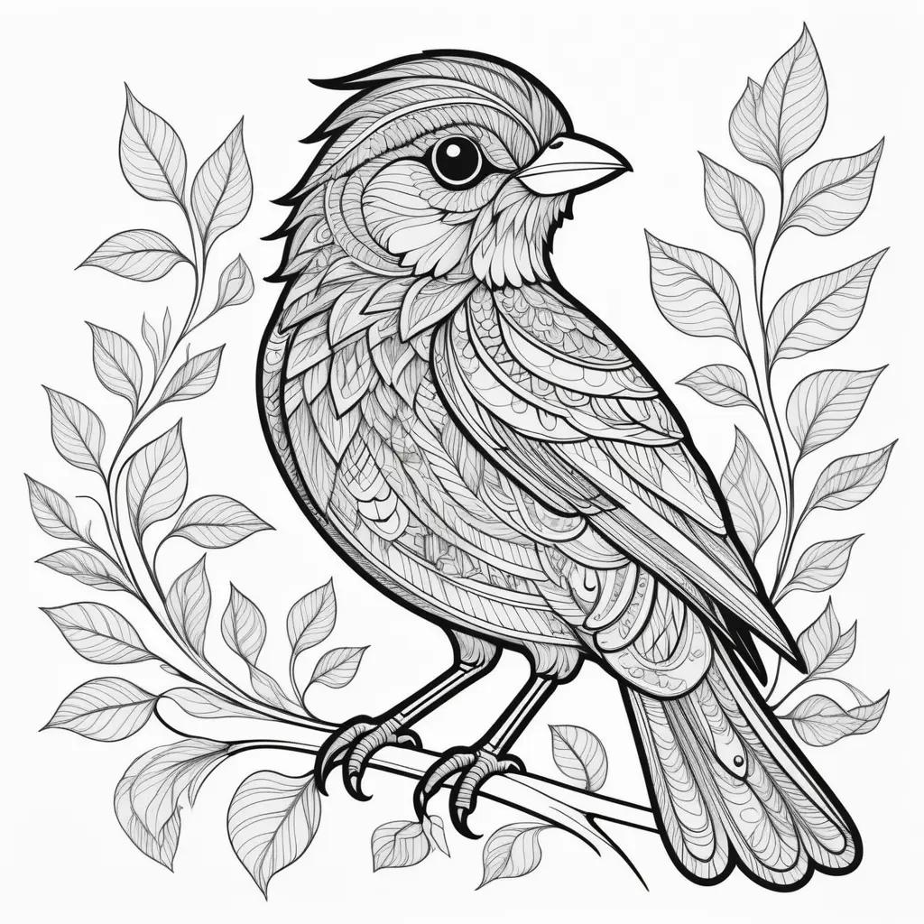 Black and white bird coloring page with leaves