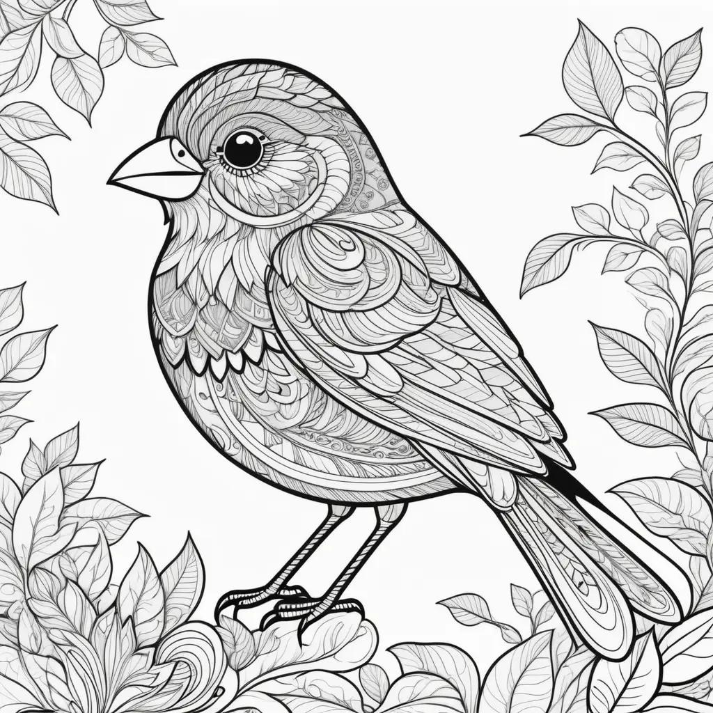 Black and white bird coloring page with leaves and branches