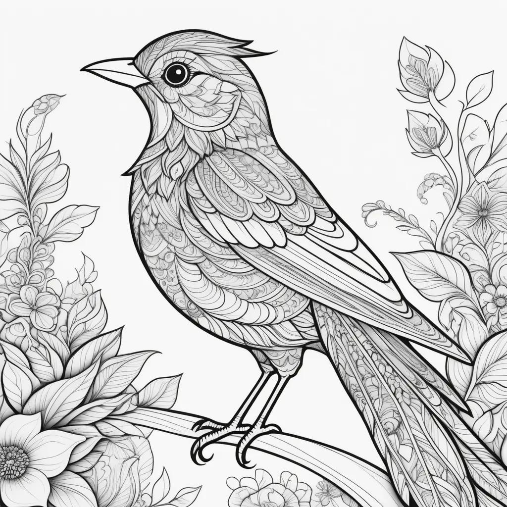 Black and white bird coloring page with leaves and flowers