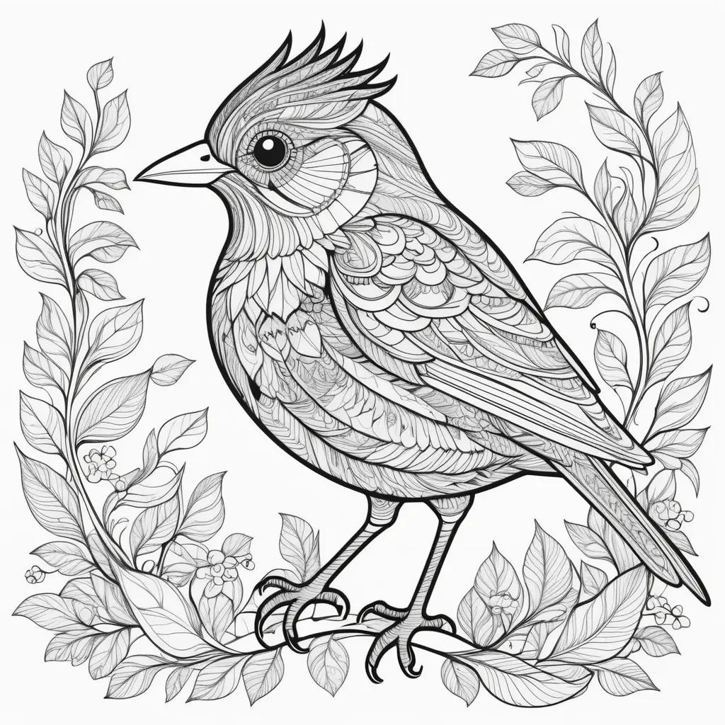 Black and white bird coloring page with leaves and flowers