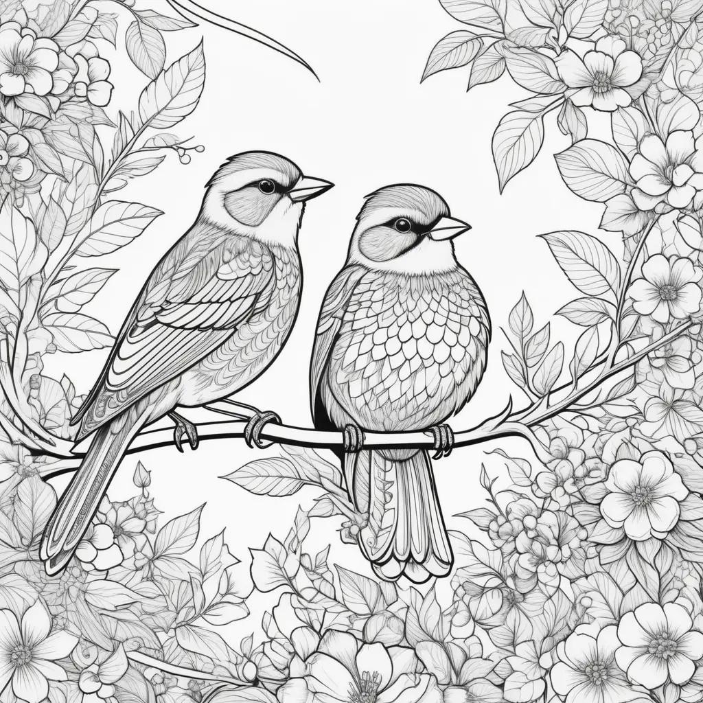 Black and white bird coloring pages with floral background