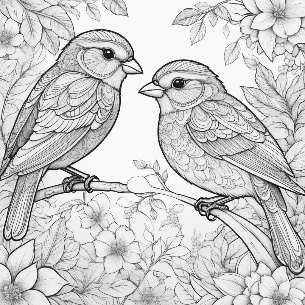 Black and white bird coloring pages with flowers and leaves