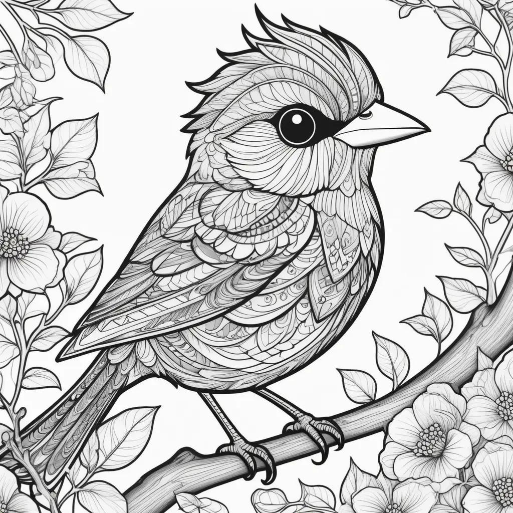 Black and white bird coloring pages with flowers and leaves