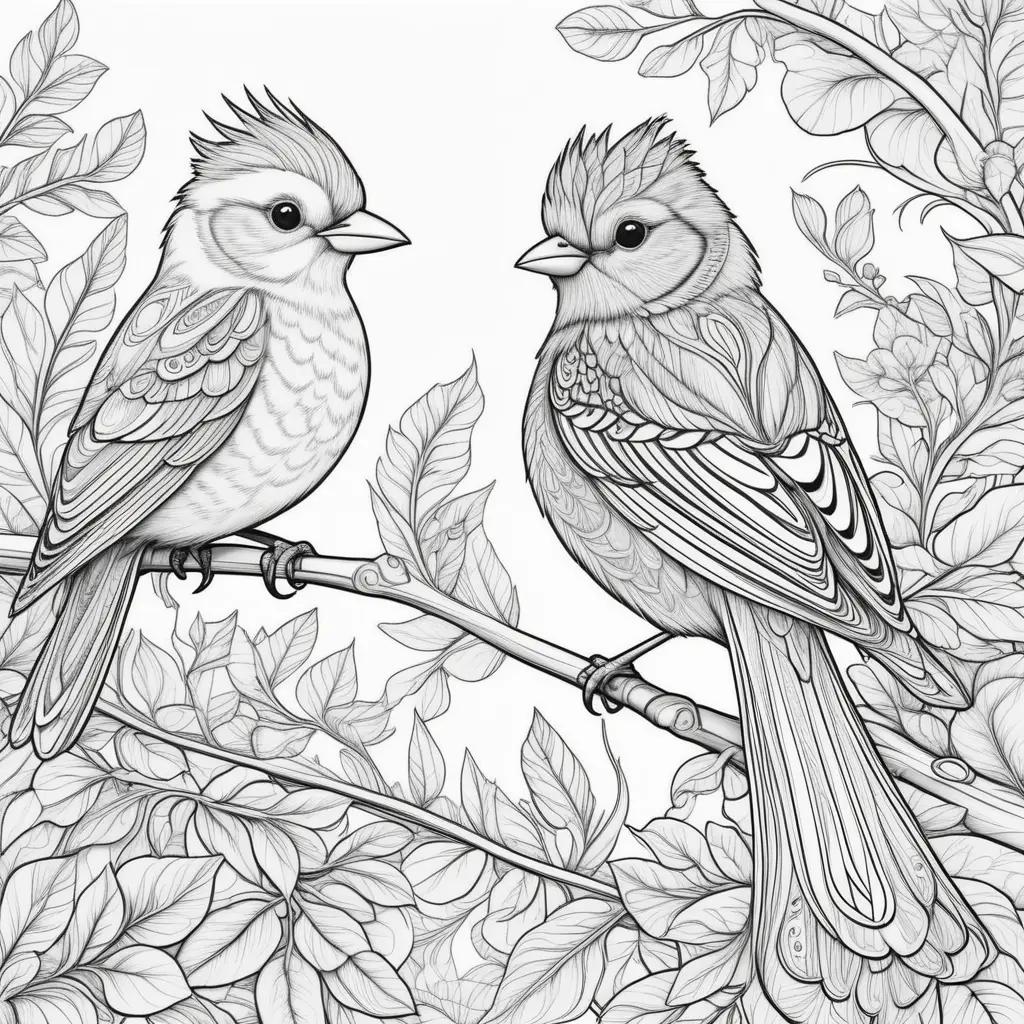 Black and white birds coloring pages with floral background