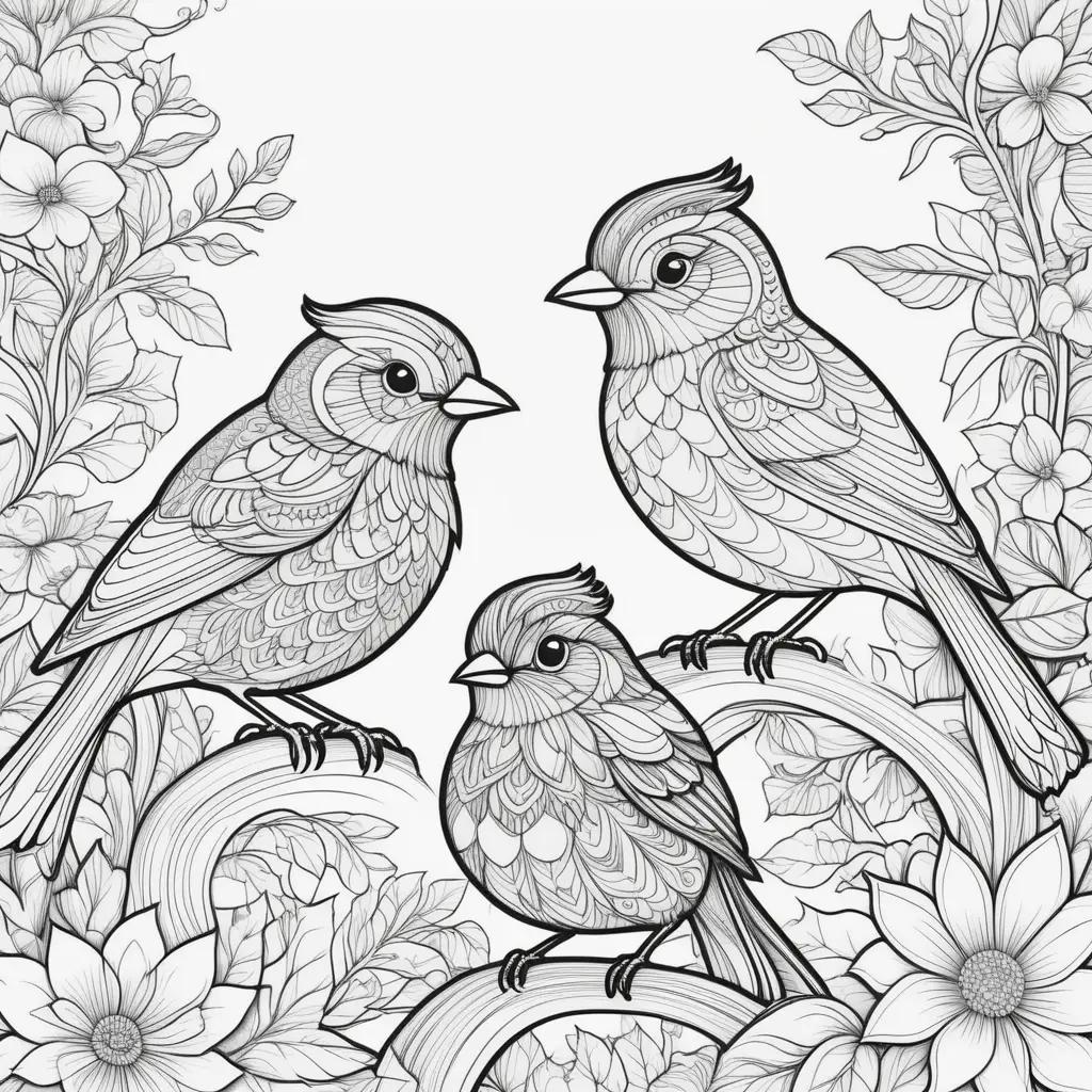 Black and white birds coloring pages with flower illustrations