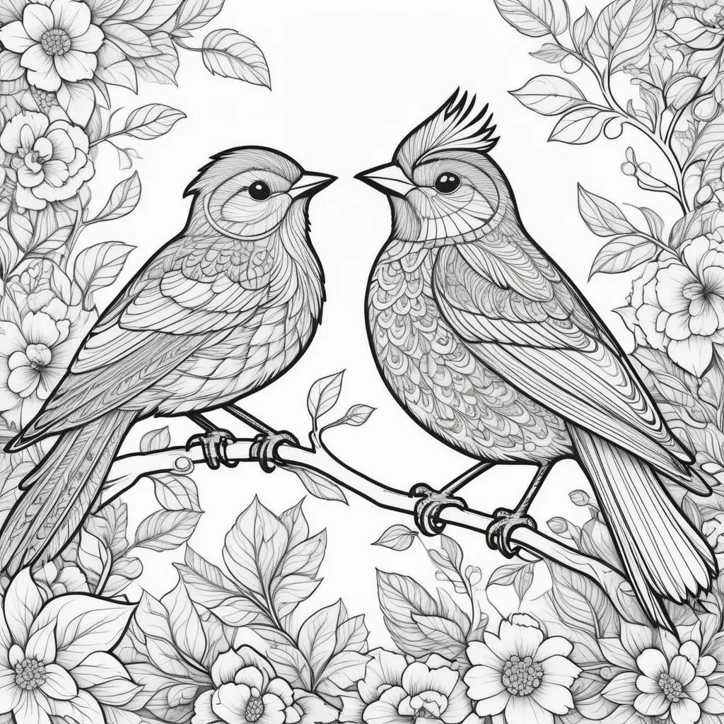 Black and white birds coloring pages with flowers