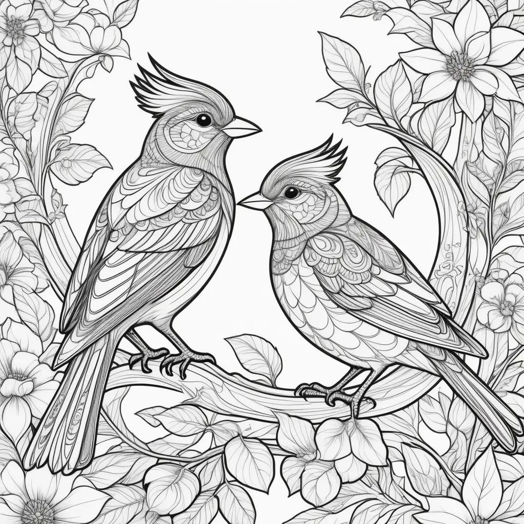 Black and white birds coloring pages with flowers