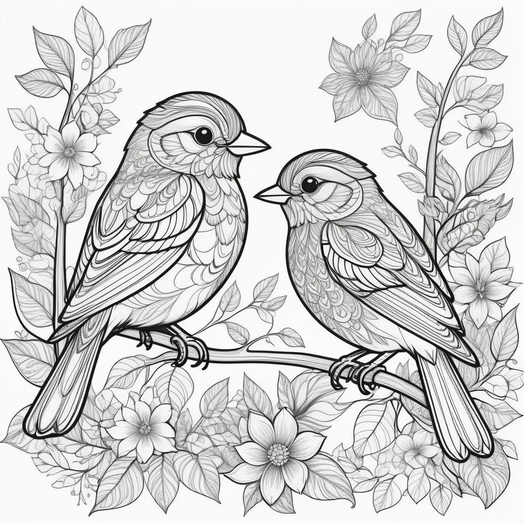 Black and white birds coloring pages with flowers