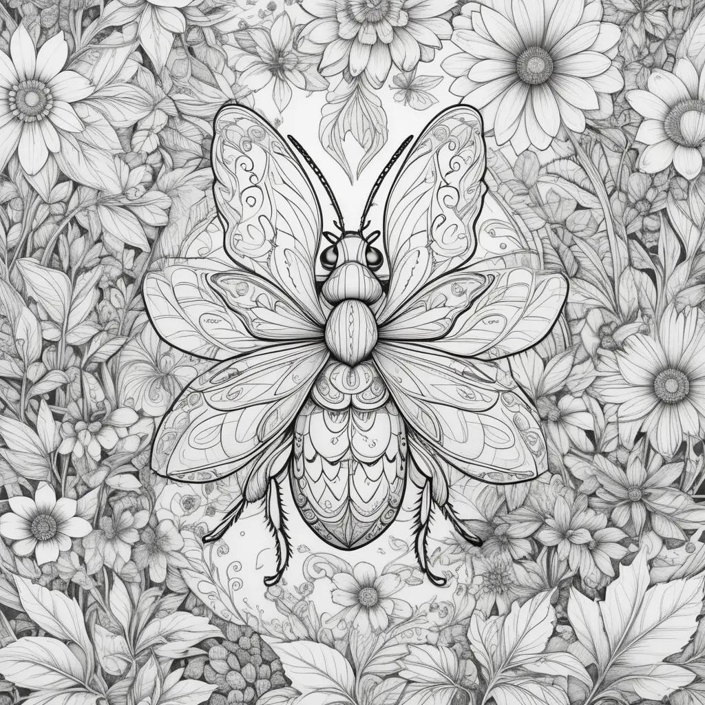 Black and white bug coloring pages with flowers