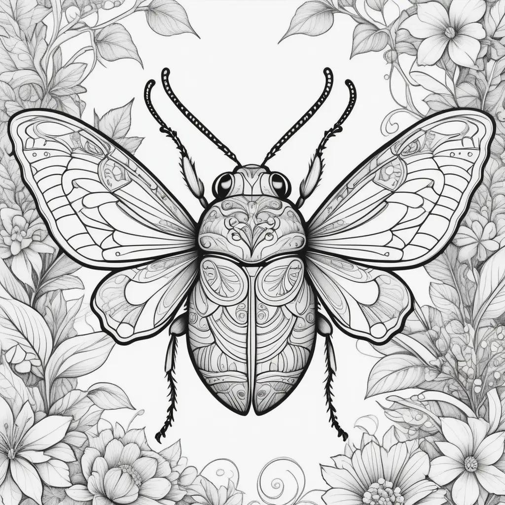 Black and white bug coloring pages with ornate design