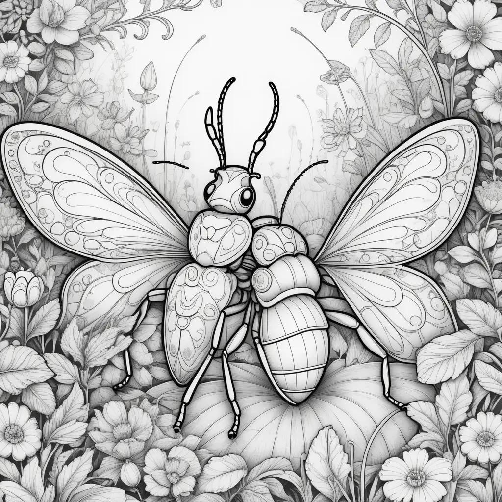 Black and white bugs coloring pages with flowers