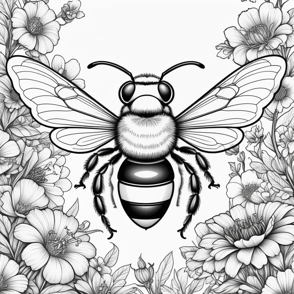 Black and white bumble bee coloring page with flowers