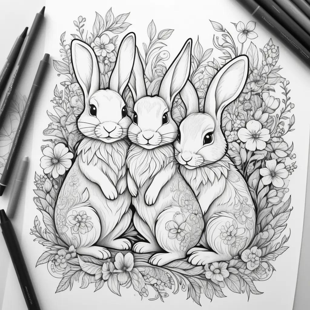 Black and white bunnies in a floral arrangement