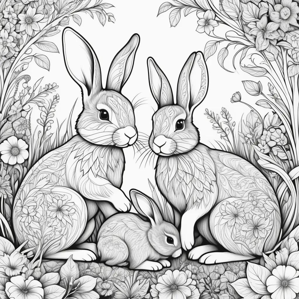 Black and white bunnies in a floral setting