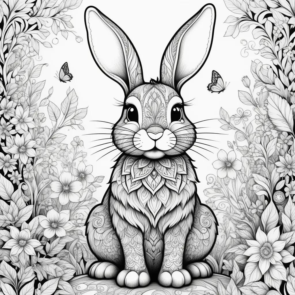 Black and white bunny color page with butterflies