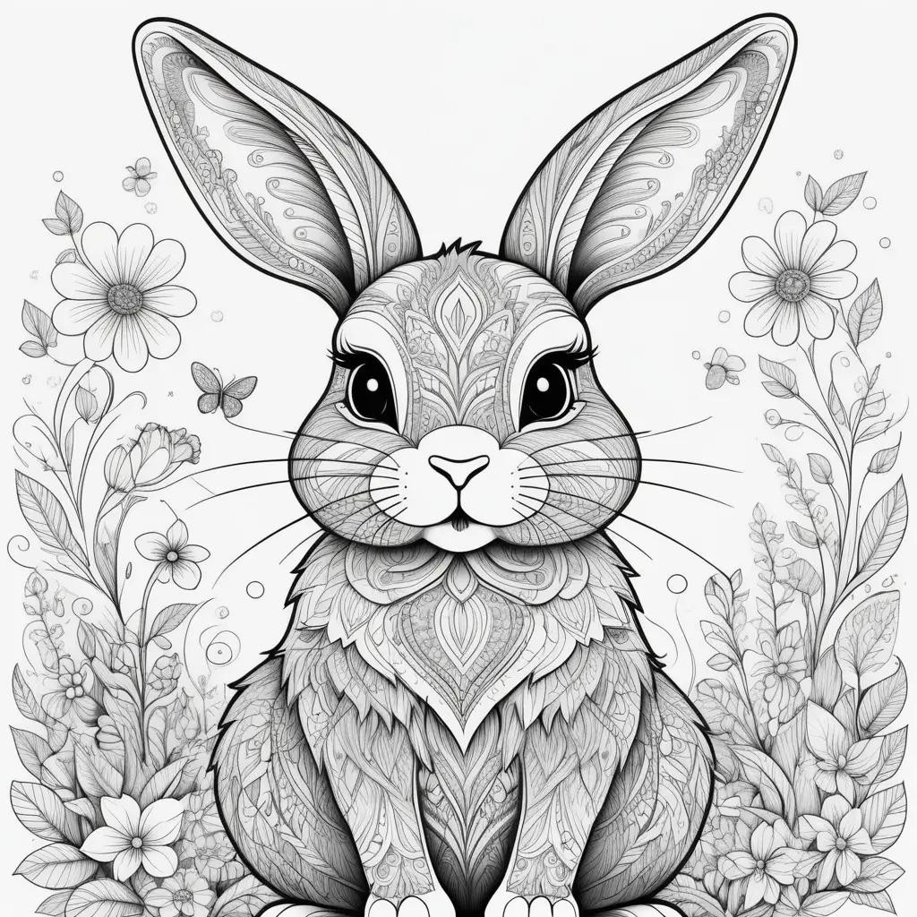 Black and white bunny color page with flowers