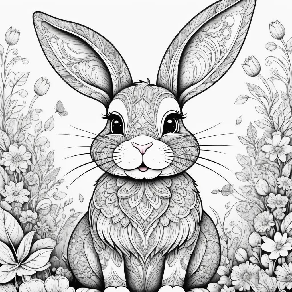 Black and white bunny color page with flowers