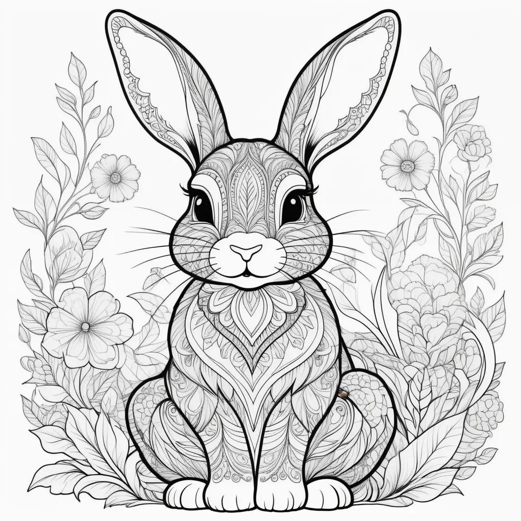 Black and white bunny coloring page with flowers and leaves