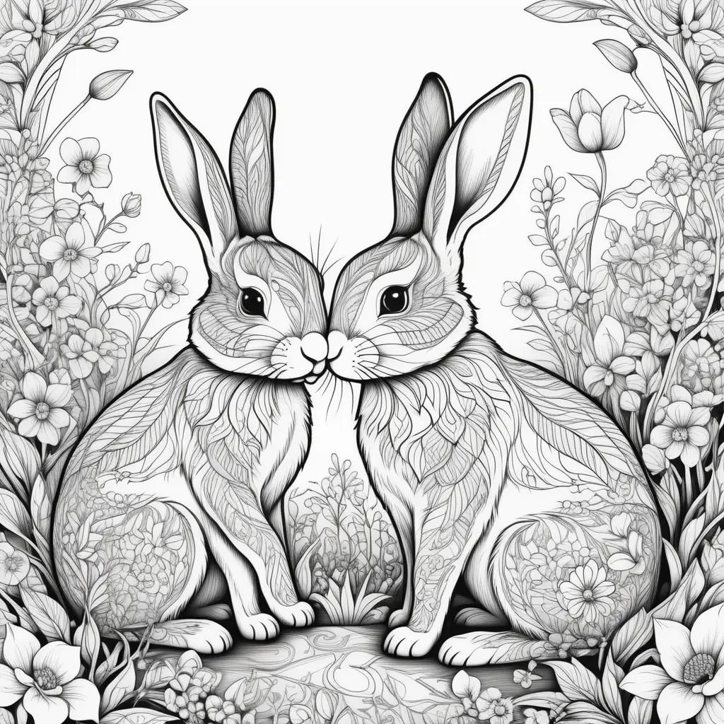 Black and white bunny coloring pages of two rabbits