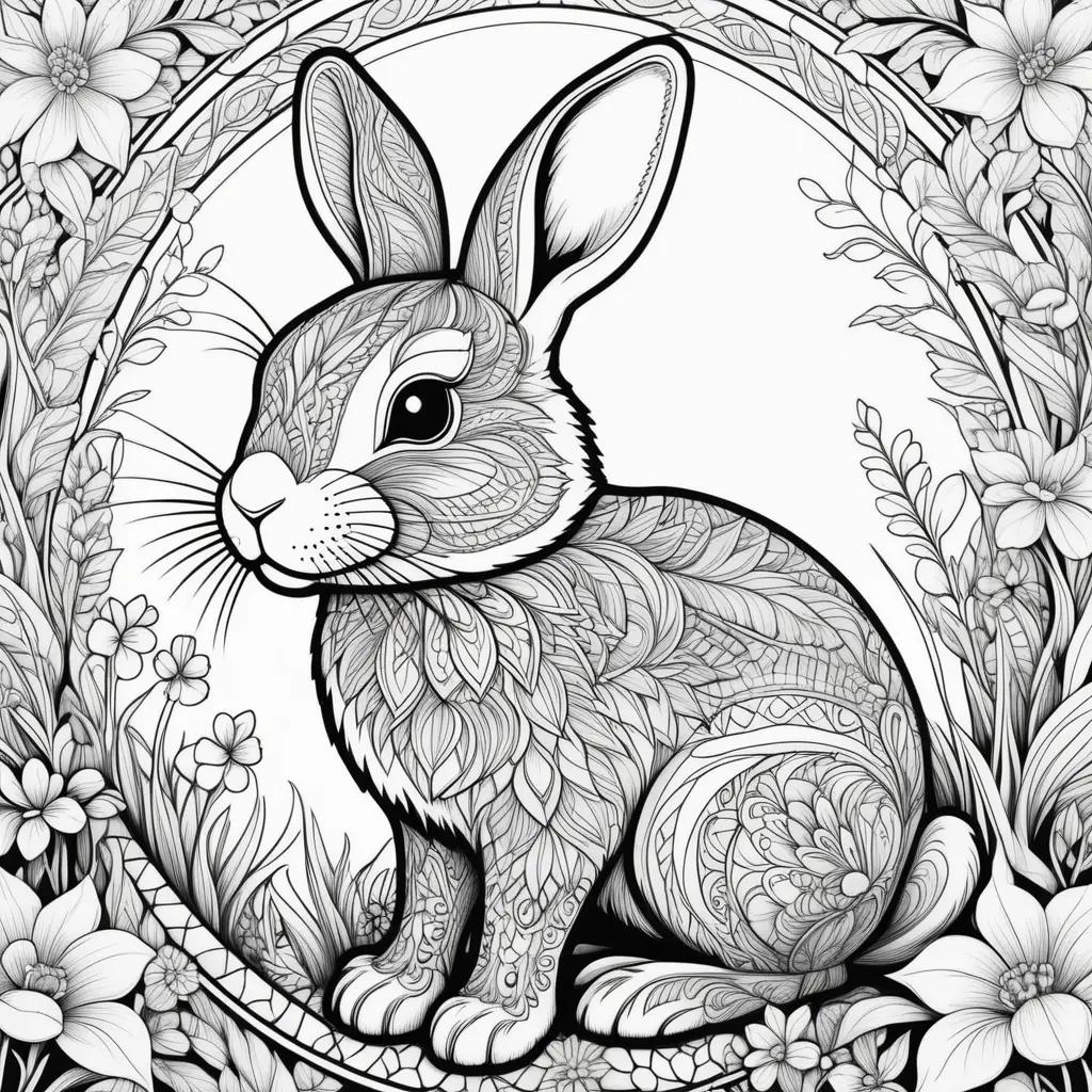 Black and white bunny rabbit coloring pages with floral background