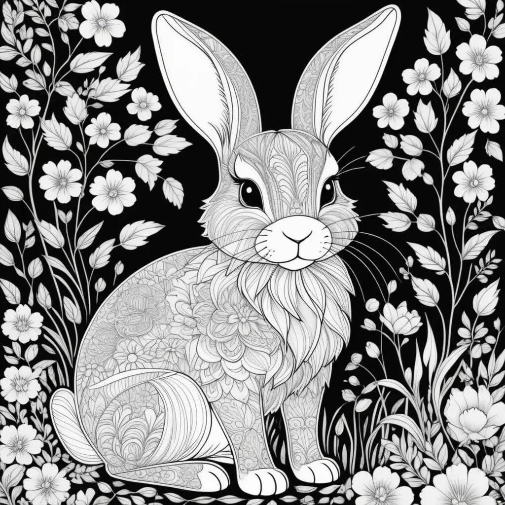 Black and white bunny rabbit coloring pages with flowers