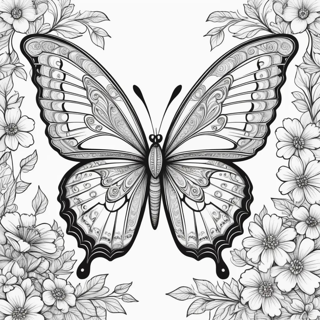 Black and white butterfly color page with flowers