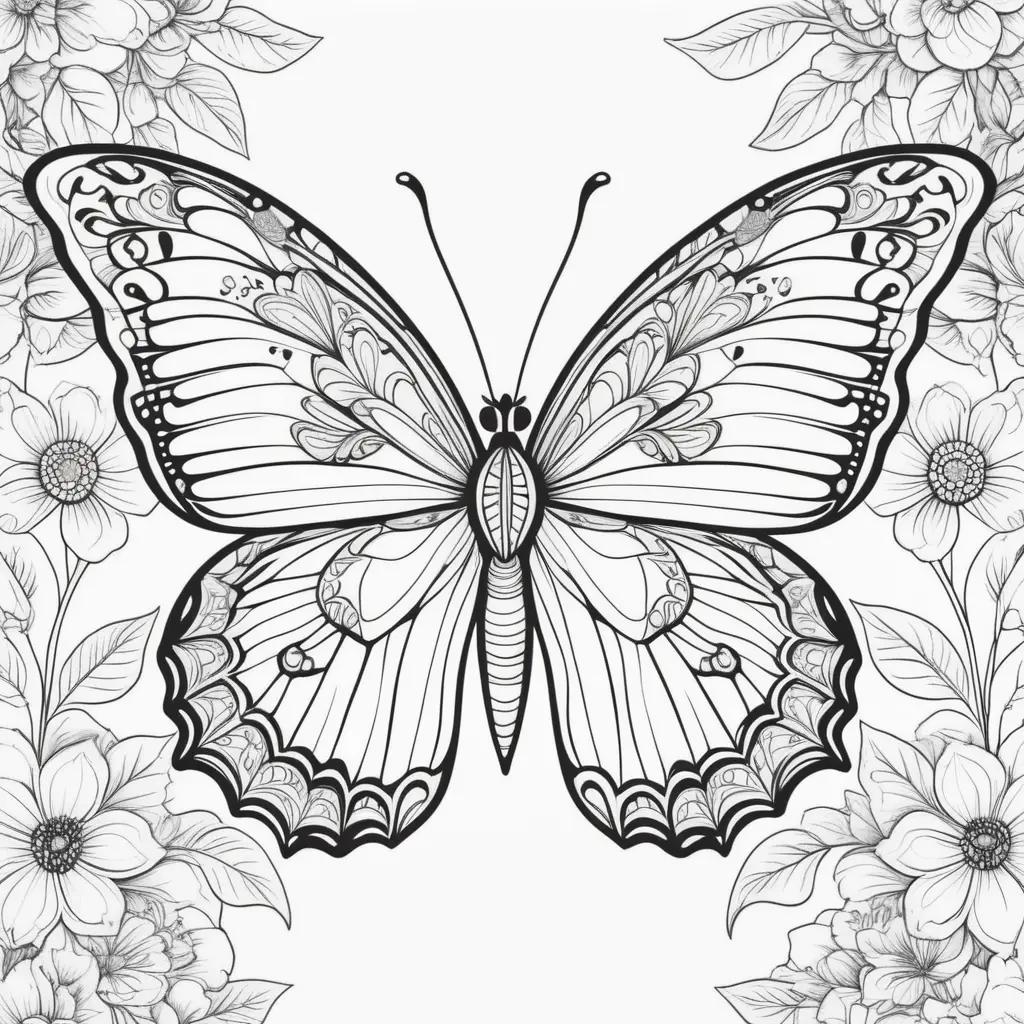 Black and white butterfly coloring page with floral background