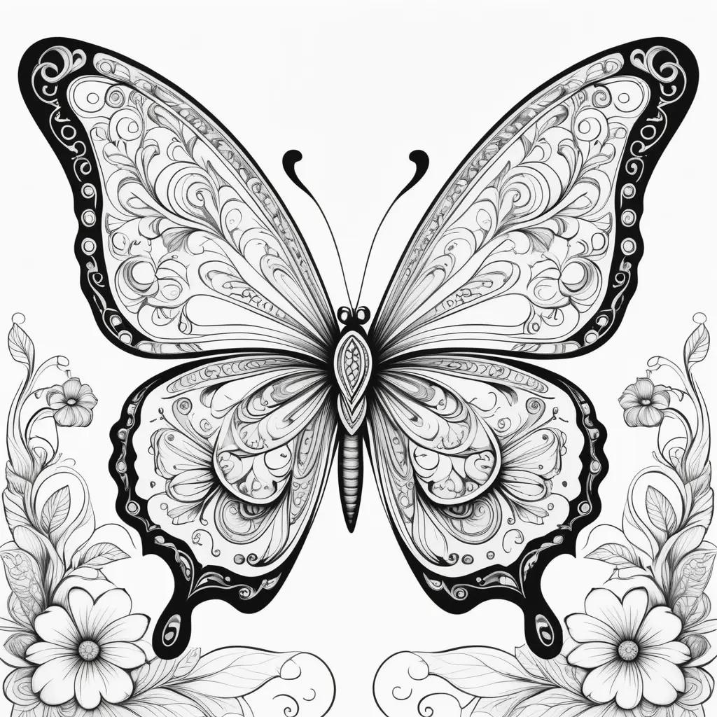 Black and white butterfly coloring page with floral background