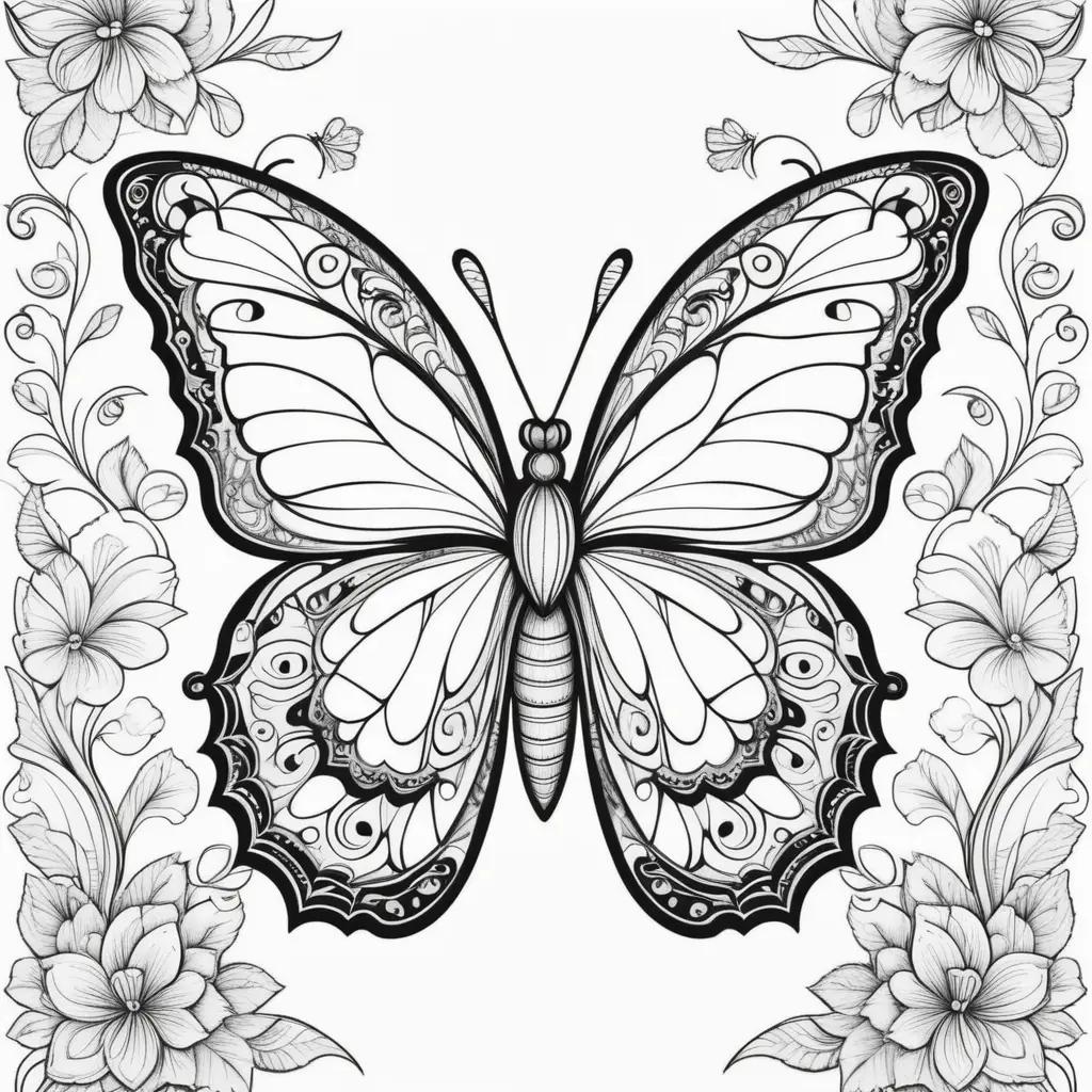 Black and white butterfly coloring page with floral border