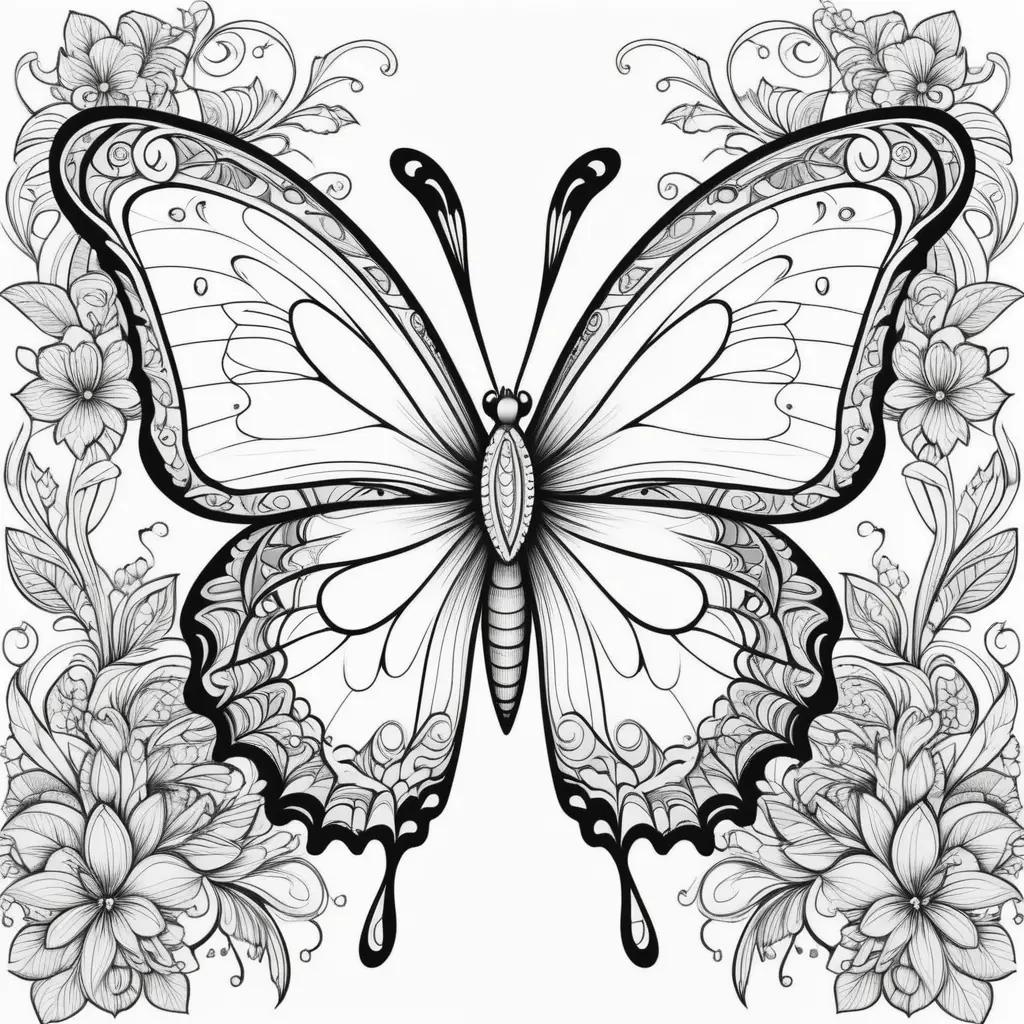 Black and white butterfly coloring page with floral decoration