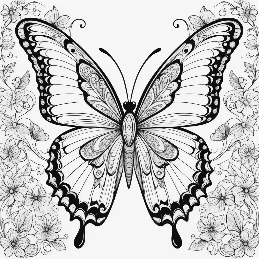 Black and white butterfly coloring page with flowers