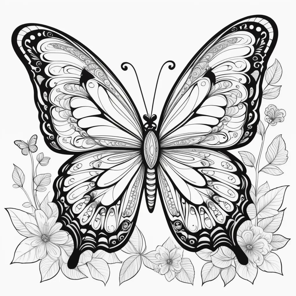 Black and white butterfly coloring page with flowers