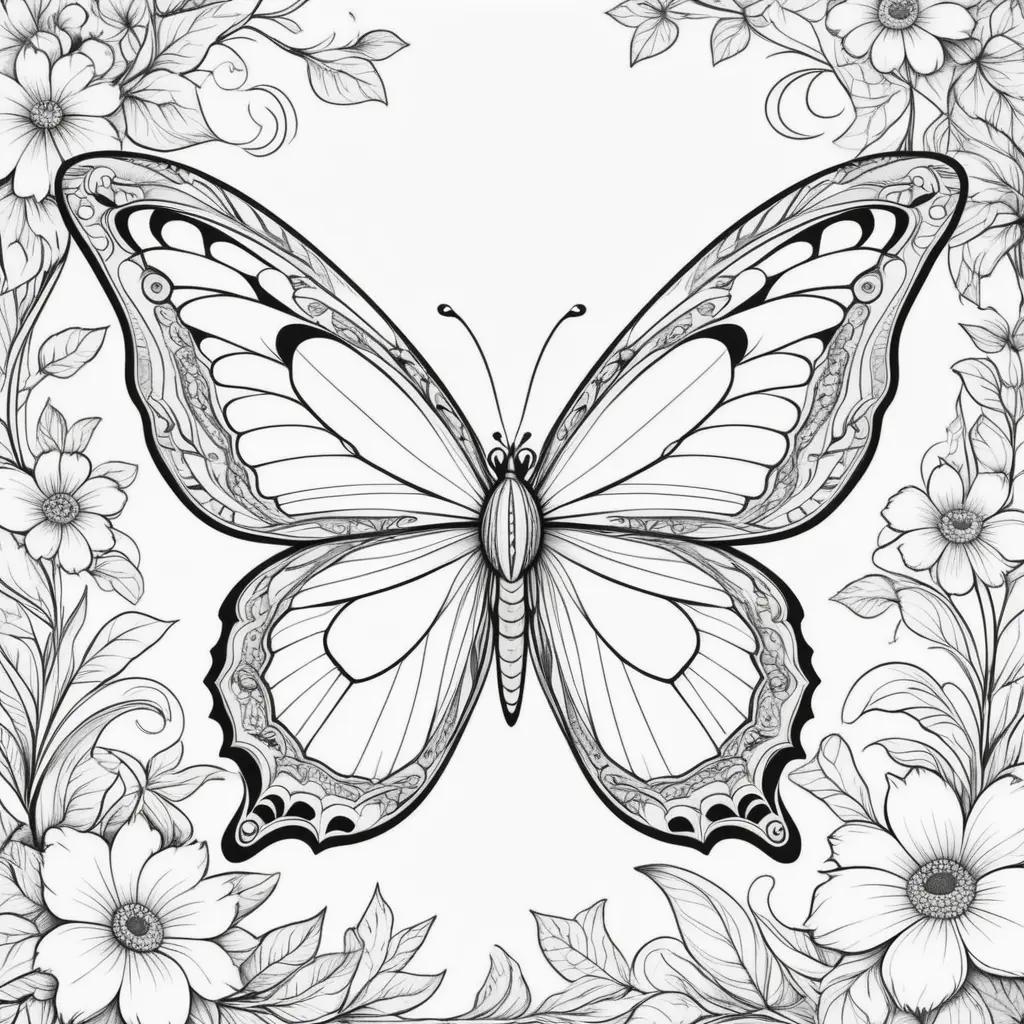 Black and white butterfly coloring page with flowers