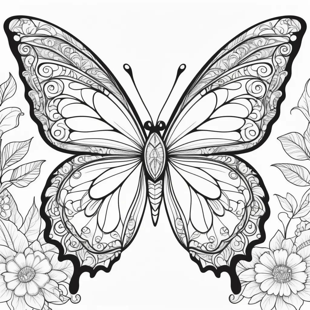 Black and white butterfly coloring page with flowers