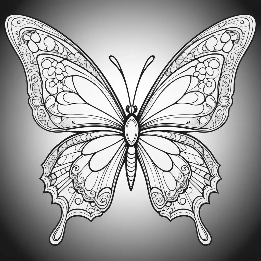 Black and white butterfly coloring page with intricate details