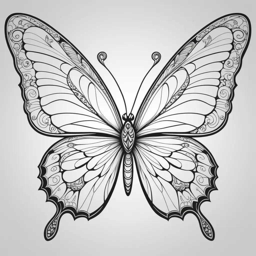 Black and white butterfly coloring page with intricate details