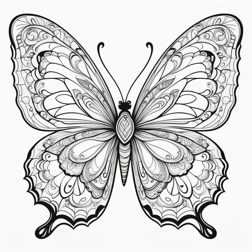 Black and white butterfly coloring page with intricate patterns