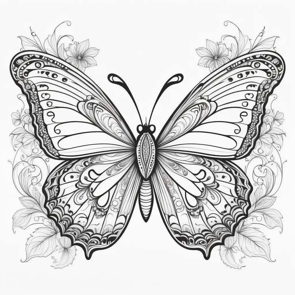 Black and white butterfly coloring page with intricate patterns